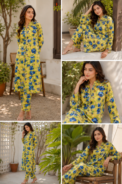 Lime Green Floral Printed 3-Piece Lawn dress