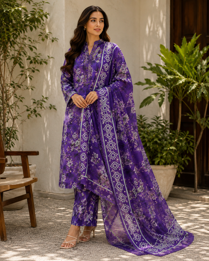 Purple Digital Floral Printed Unstitched Lawn 3-Piece Suit