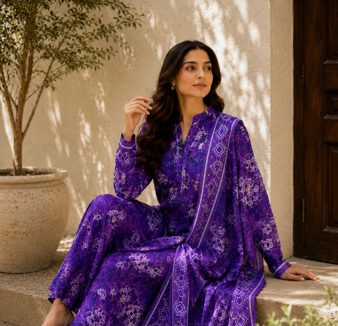 Purple Digital Floral Printed Unstitched Lawn 3-Piece Suit
