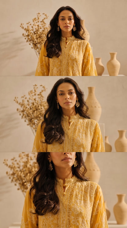 Yellow Chikankari Embroidered 3-Piece Suit – Stitched
